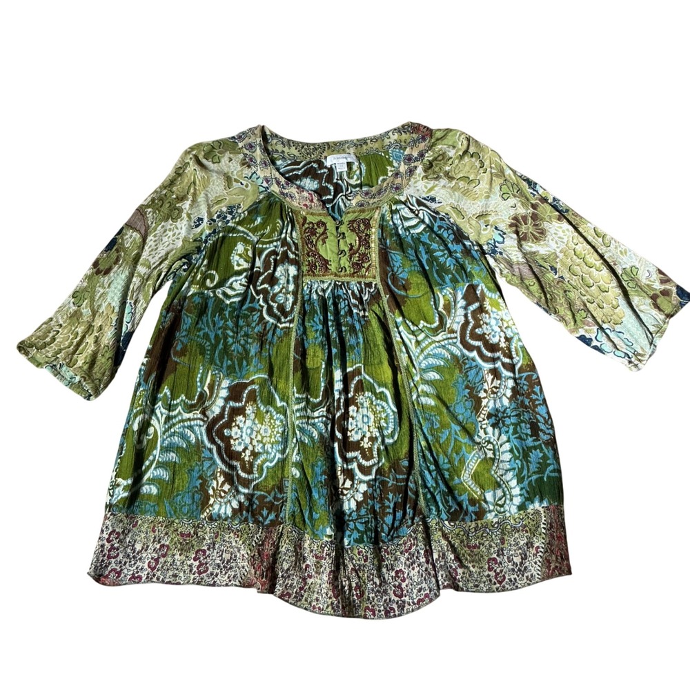 Dressbarn Womens Boho 1X Peasant Green Paisley Beaded Tunic Top Rayon Blouse